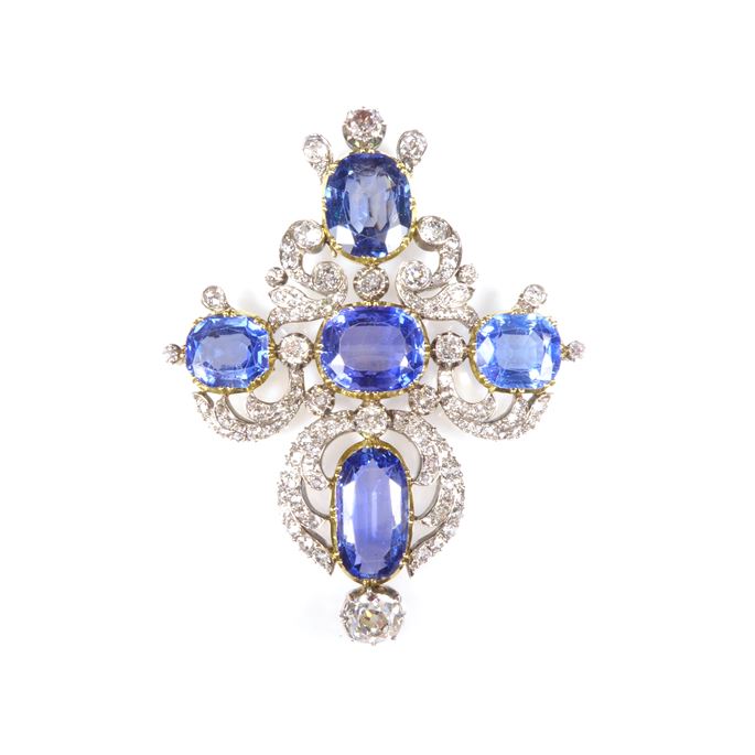 19th century cushion cut sapphire and diamond cluster cross pendant, c.1880, with five principal Ceylon sapphires in a cross formation, | MasterArt